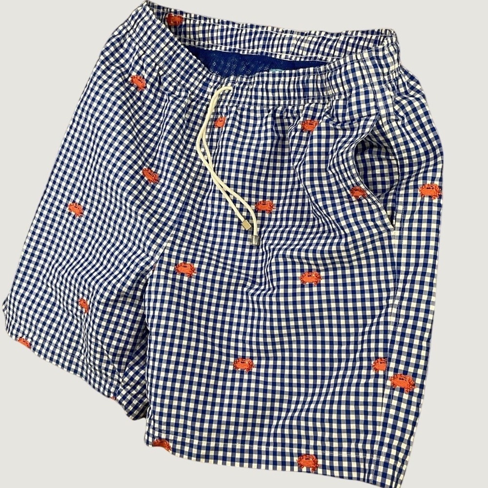 J McLaughlin Mens M Swim Trunks Shorts Gingham Plaid Blue Crabs Print Lined